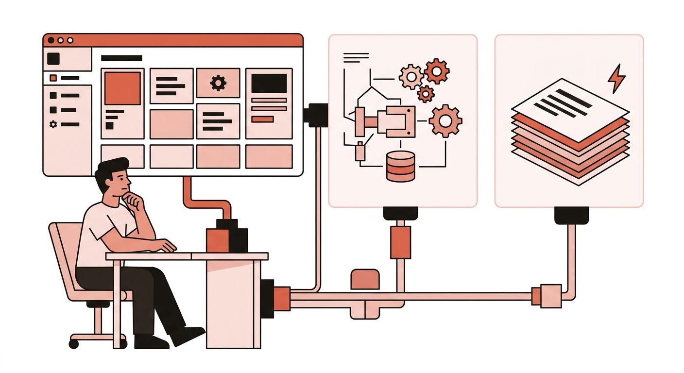 Flat vector illustration of a developer choosing between three website toolkits on a workbench