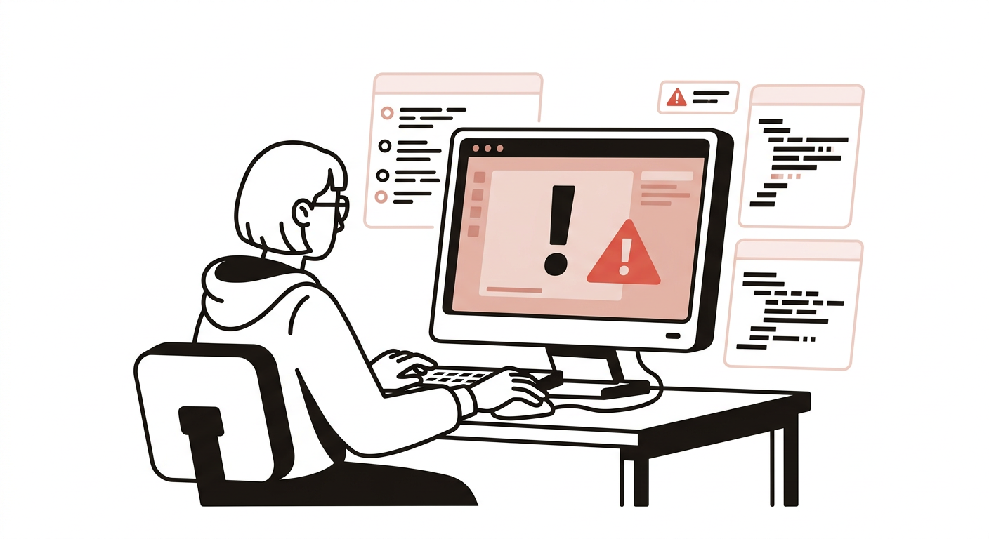 Flat vector illustration of a developer inspecting a broken website using logs, debug tools, and a magnifying glass